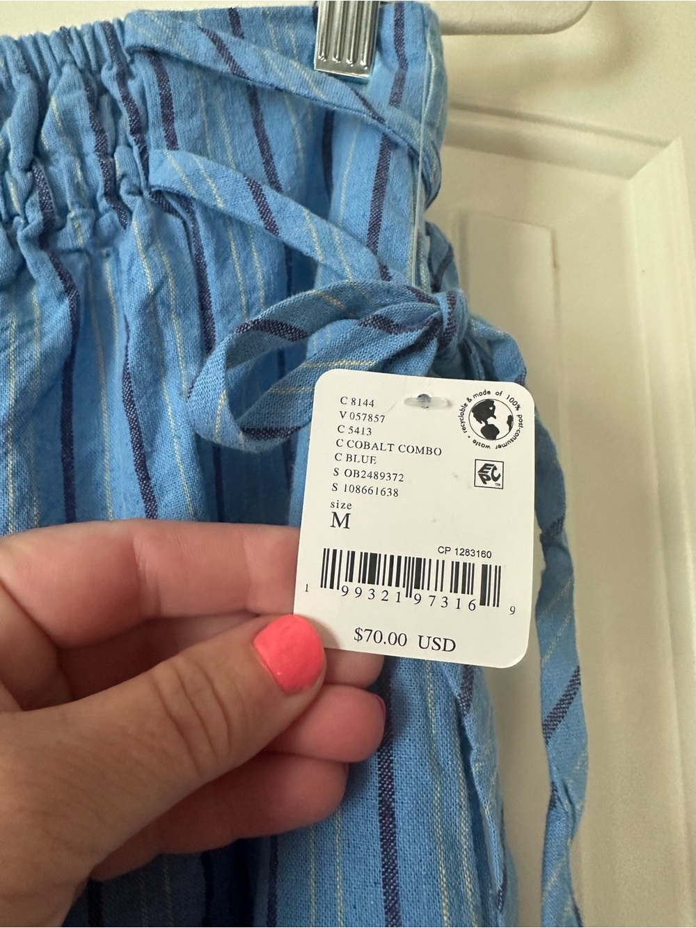NWT free people Sun Dazed Cotton Linen Striped Pants M Cobalt Waist Ties - Picture 3 of 8